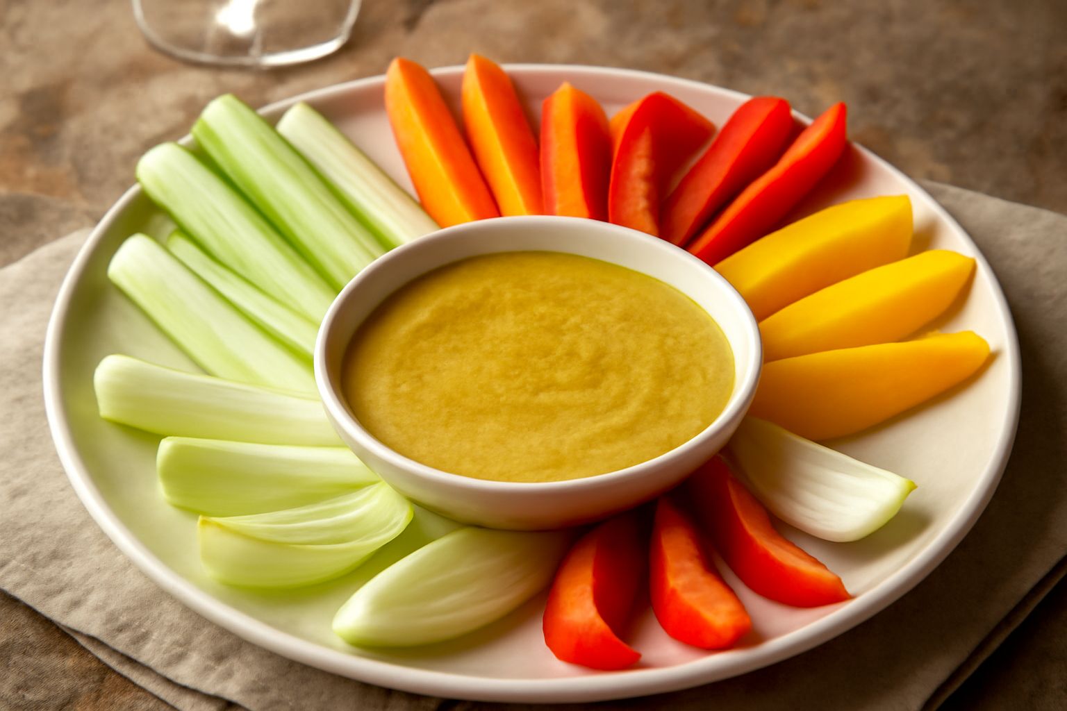 Bagna cauda fredda cremosa di colore giallo-dorato in ciotola bianca, circondata da bastoncini di sedano, carota, peperone giallo e rosso su piatto bianco