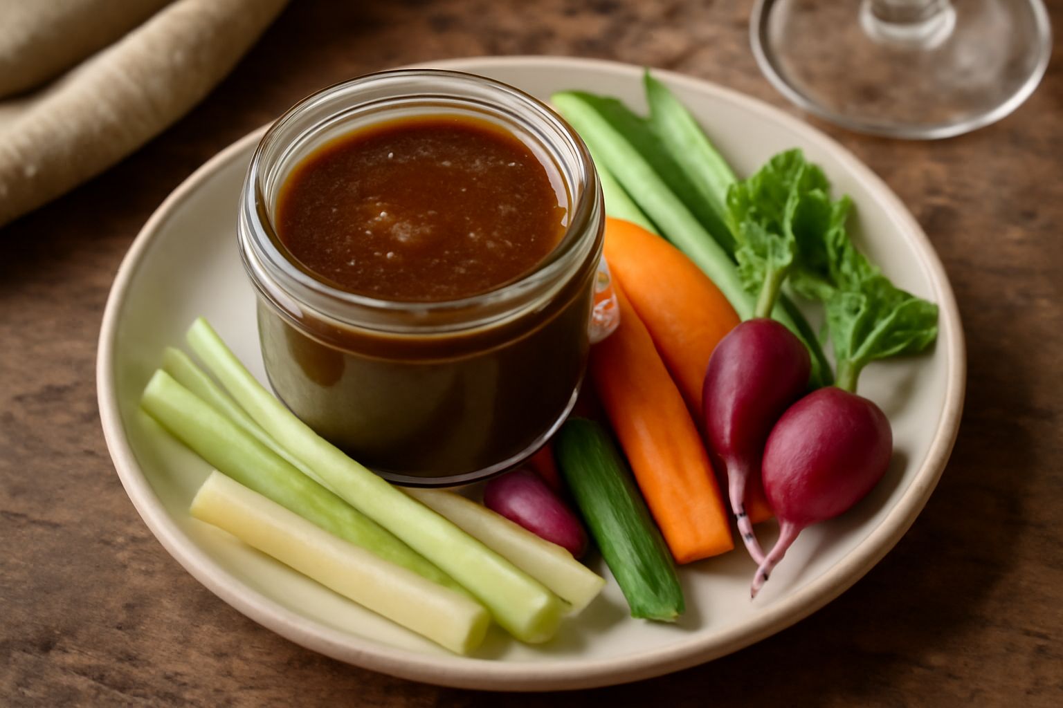 Vasetto di vetro trasparente con bagna cauda marrone scura cremosa, accanto verdure crude tagliate a bastoncini (peperoni, sedano, carote), cucchiaio di legno immerso nella salsa.