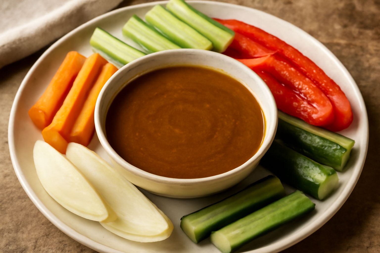 Ciotola di ceramica beige con bagna cauda color ambra scuro, circondata da bastoncini di sedano, carote tagliate a spicchi e finocchio crudo. Olio lucido sulla superficie della salsa, aglio intero acc