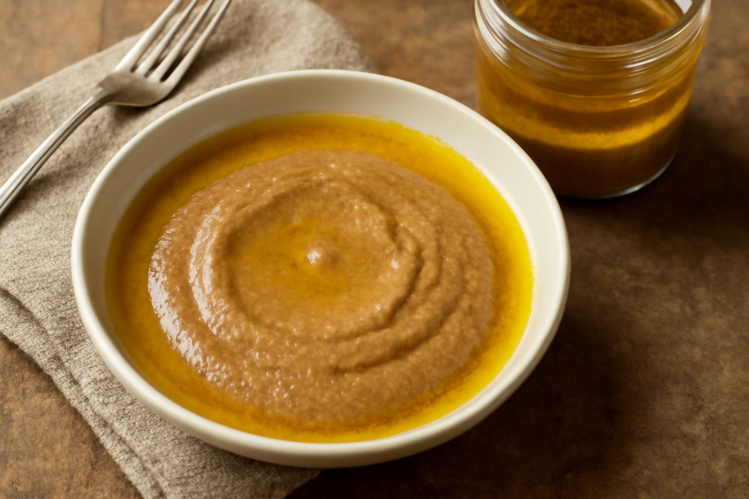 Vasetto di vetro con bagna cauda sott'olio, pasta densa color beige-nocciola, con olio dorato trasparente in superficie, accanto a fette di pane tostato e verdure crude