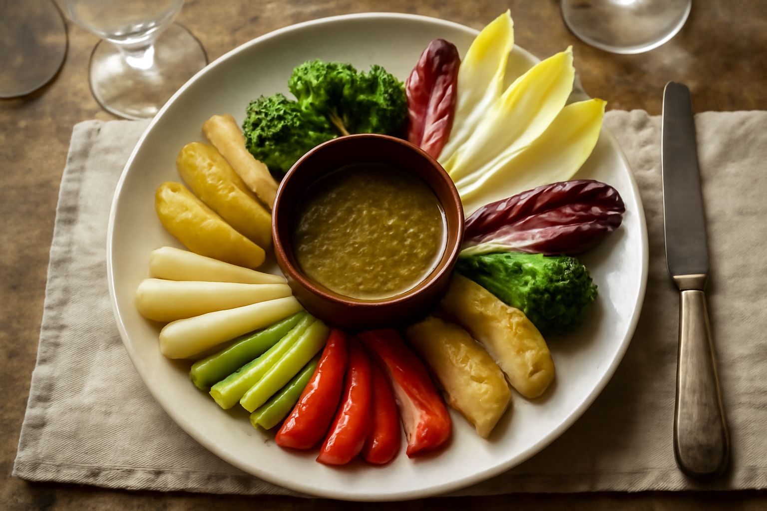 Ciotola di ceramica bianca con bagna cauda dorata e cremosa, circondata da bastoncini di verdure crude fresche: carote arancioni, sedano bianco, peperoni gialli, barbabietola rossa scura su un piatto 