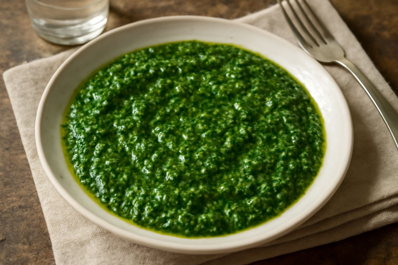 Salsa bagnet verde con prezzemolo tritato in una ciotola di ceramica bianca, accanto a fette di bollito di manzo su piatto grigio