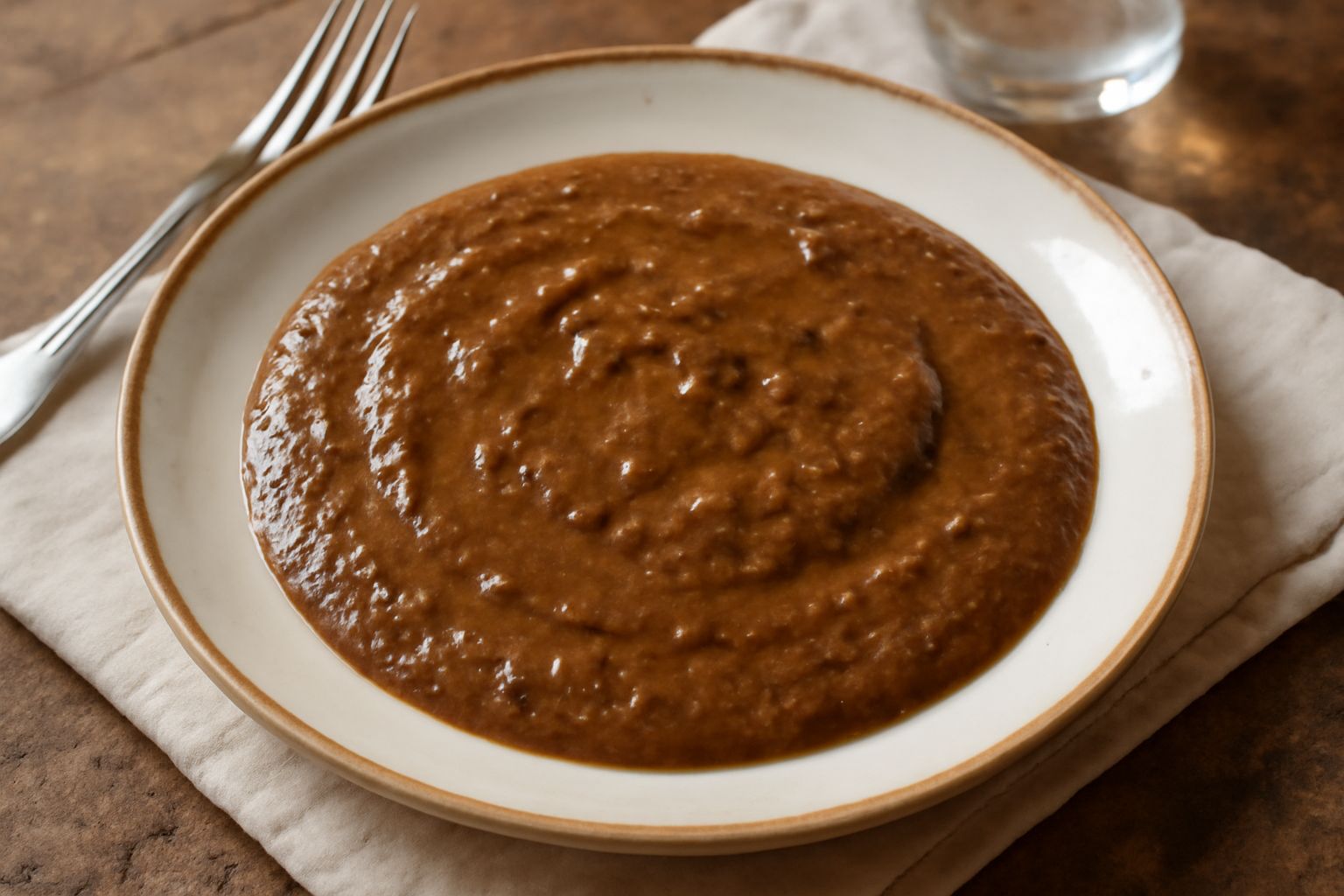 Bagnèt de fegà marrone scuro in una ciotola di ceramica, con gocce di olio in superficie, acciughe intere visibili, erba cipollina fresca tritata sopra, coltello in acciaio a fianco su tavolo di legno