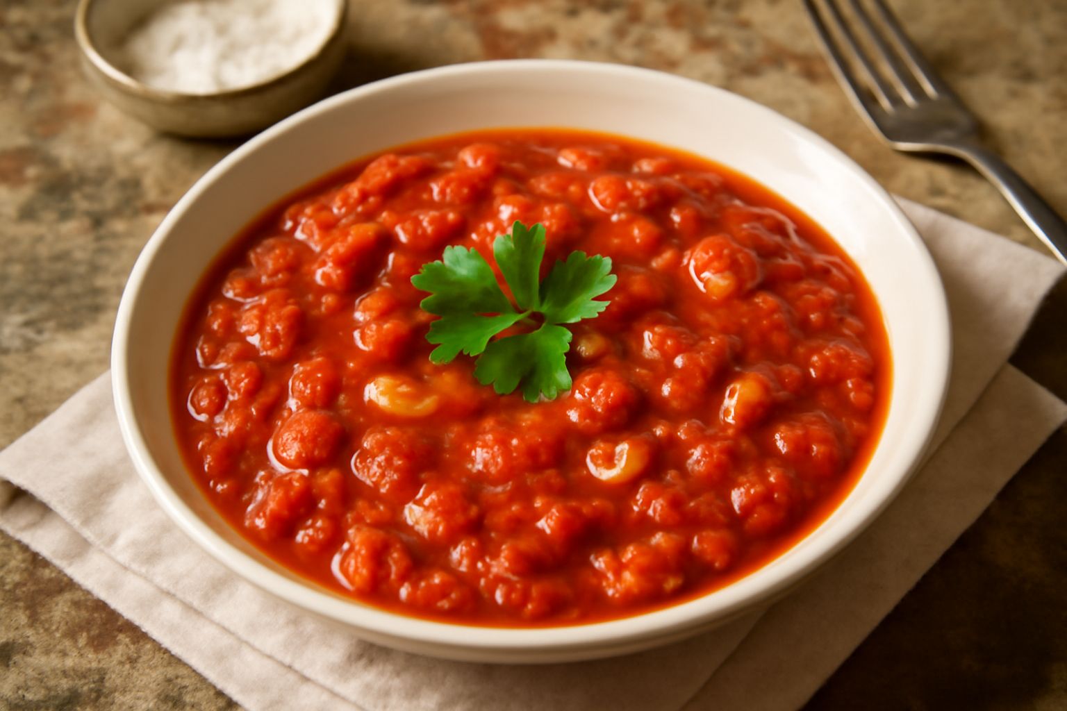Ciotola di ceramica con bagnèt de tomates rosso vivo, con pezzi di pomodoro visibili, aglio affettato, gocce di aceto e prezzemolo verde fresco sparso in superficie, su sfondo di lino bianco