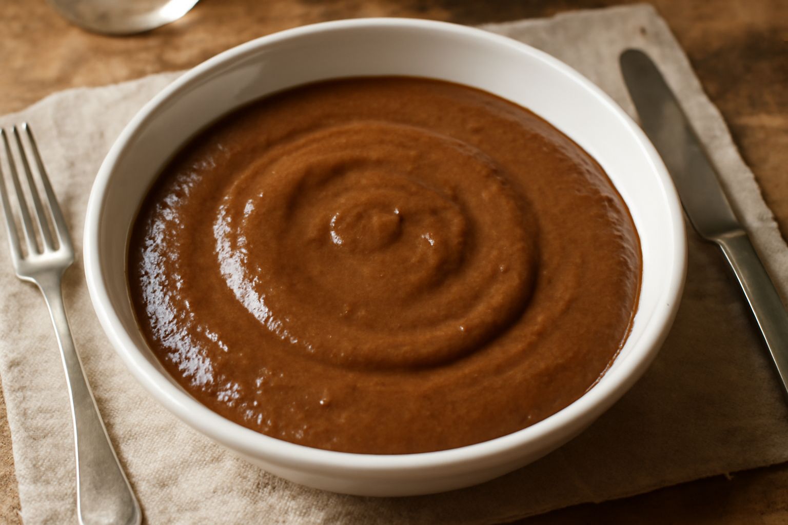 Bagnèt di fegato: salsa densa e marrone brunastro in ciotola di ceramica bianca, liscia e cremosa, con tracce di cucchiaio, accompagnata da fette di pane tostato e rametto di prezzemolo fresco