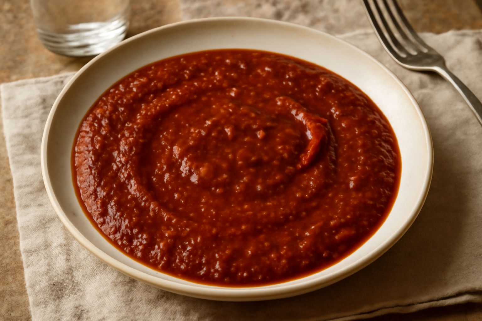 Ciotola di ceramica bianca contenente bagnet ross rosso scuro e denso, con accanto un mestolo di legno. Peperoni rossi freschi e peperoncino sullo sfondo, tavolo di cucina in legno.