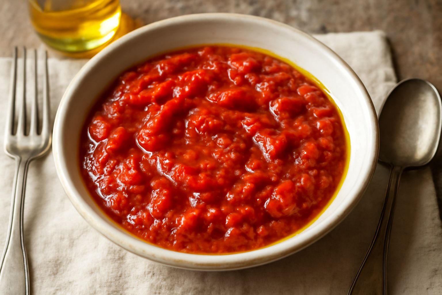 Ciotola di vetro con bagnet rosso cremoso e brillante, decorato con pezzetti di peperone rosso e pomodoro, accanto a fette di pane tostato e verdure crude su sfondo di legno chiaro