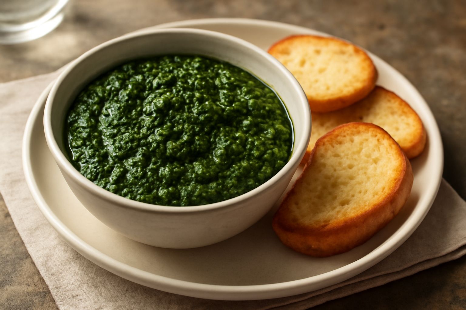 Ciotola di ceramica grigia piena di salsa verde densa con prezzemolo tritato visibile e gocce di olio d'oliva in superficie, accompagnata da fette di pane tostato e carne lessata rosa pallido accanto