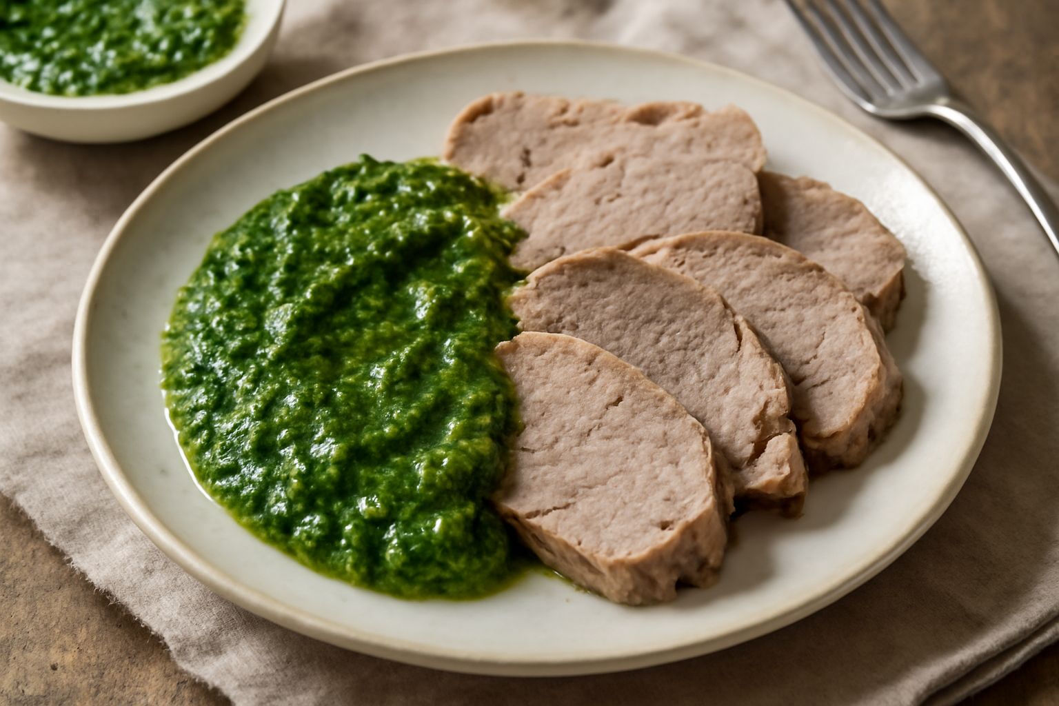 Una ciotola di ceramica bianca contiene salsa verde densa color verde scuro, con gocce di olio in superficie, contornata da ciuffi di prezzemolo fresco e spicchi d'aglio sul piano di lavoro in legno n