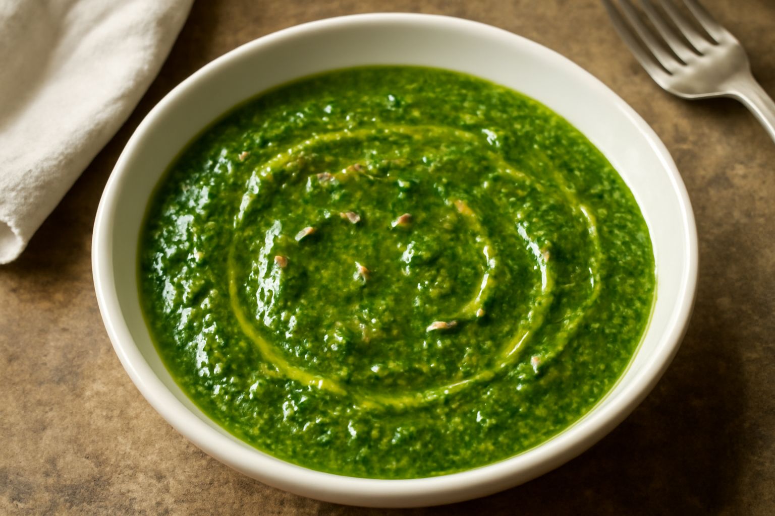 Bagnet vert versato in una ciotola di ceramica bianca, salsa verde brillante con pezzetti di prezzemolo e acciughe, accompagnato da pane tostato e fettine di carne lessata su piatto di legno