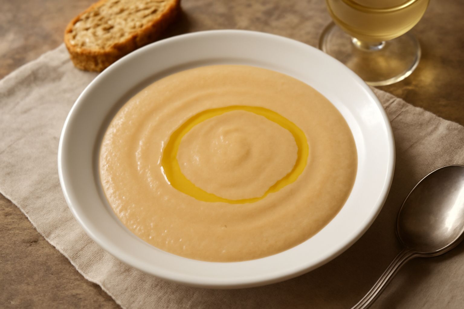 Una ciotola bianca con bagnetto cremoso di colore beige-giallo chiaro, guarnito con un filo d'olio extravergine e un cucchiaio di legno accanto, su sfondo neutro