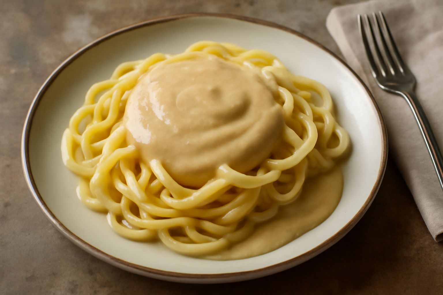 Salsa cremosa color beige con macchie dorate, versata in una ciotola di ceramica bianca, guarnita da un rametto di prezzemolo fresco e una fetta di limone giallo sul bordo