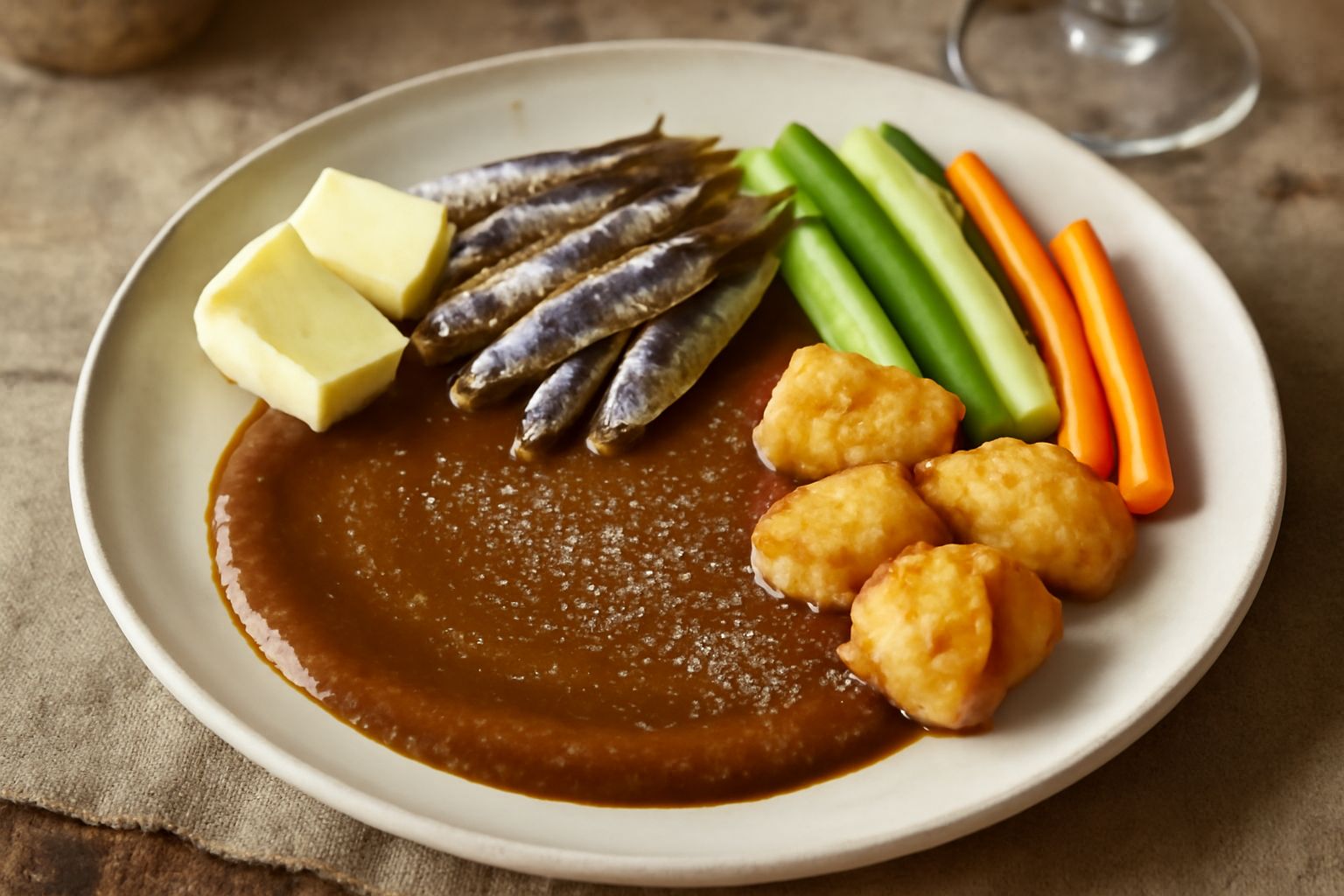 Ciotola di ceramica bianca con bagnetto di acciughe e burro di colore marrone scuro e cremoso, guarnito con prezzemolo fresco tritato, circondata da bastoncini di carota e sedano crudo su un tavolo in