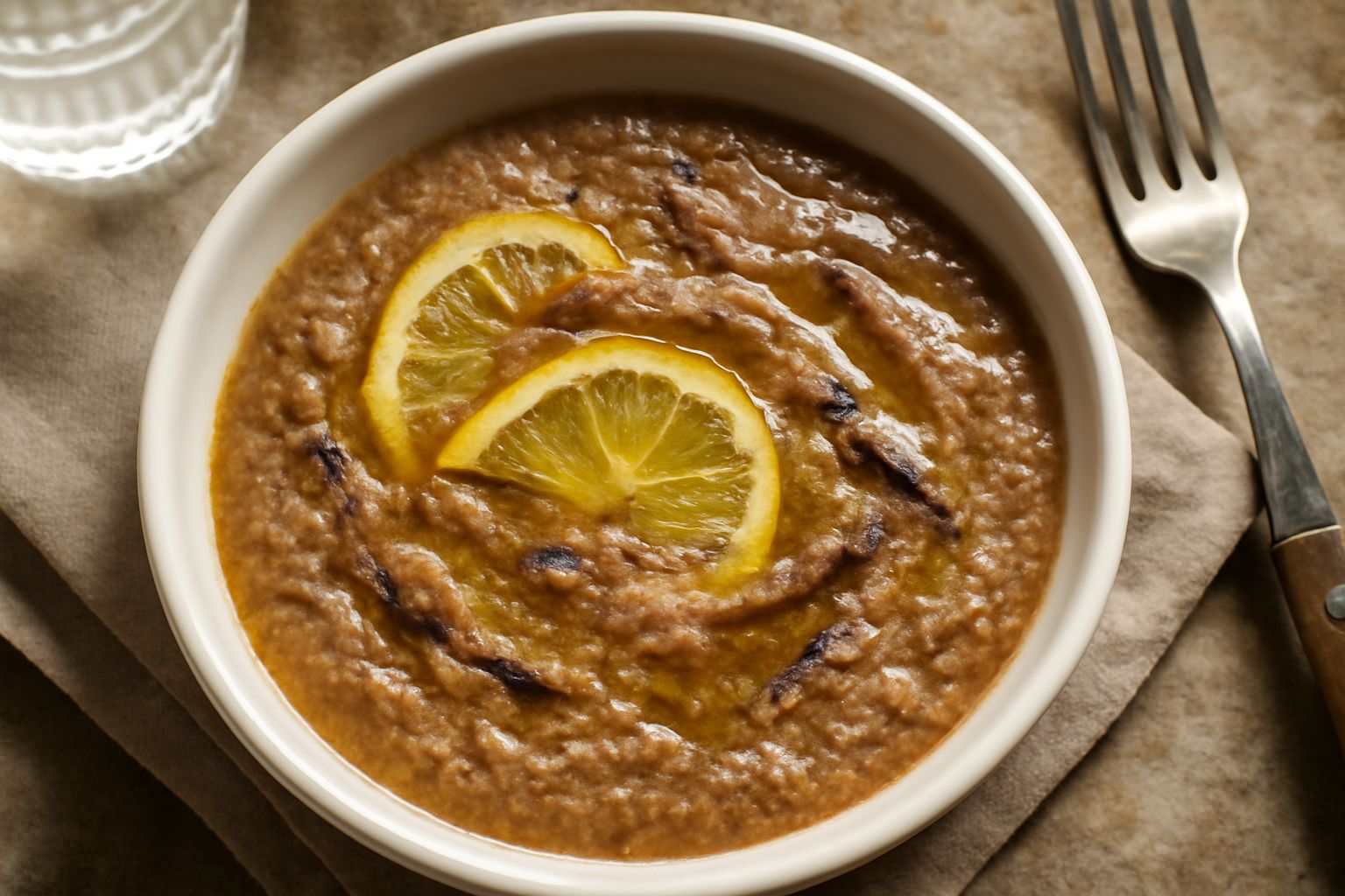Ciotola di ceramica bianca con salsa color nocciola striata di giallo limone, acciughe intere visibili, gocce di olio d'oliva lucido sulla superficie, contorno di verdure crude tagliate a bastoncini