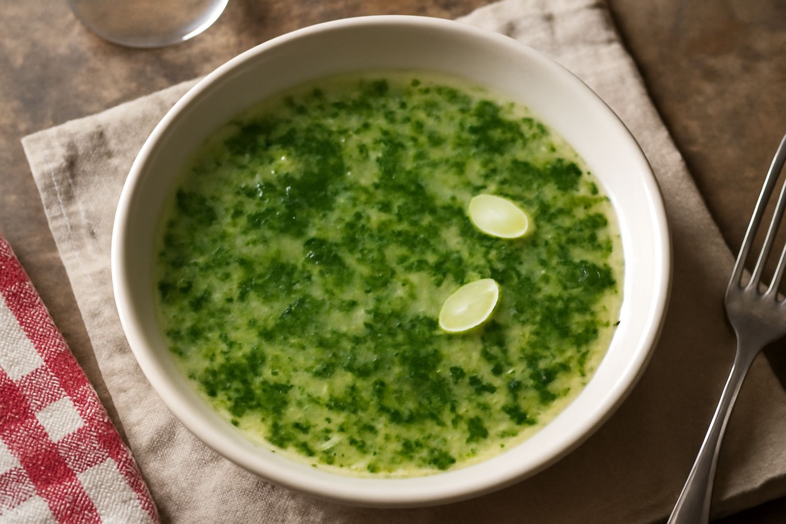 Bagnetto verde e giallo in ciotola di vetro, con prezzemolo fresco tritato visibile sulla superficie, accanto a un cucchiaio di legno e spicchi d'aglio sbucciati