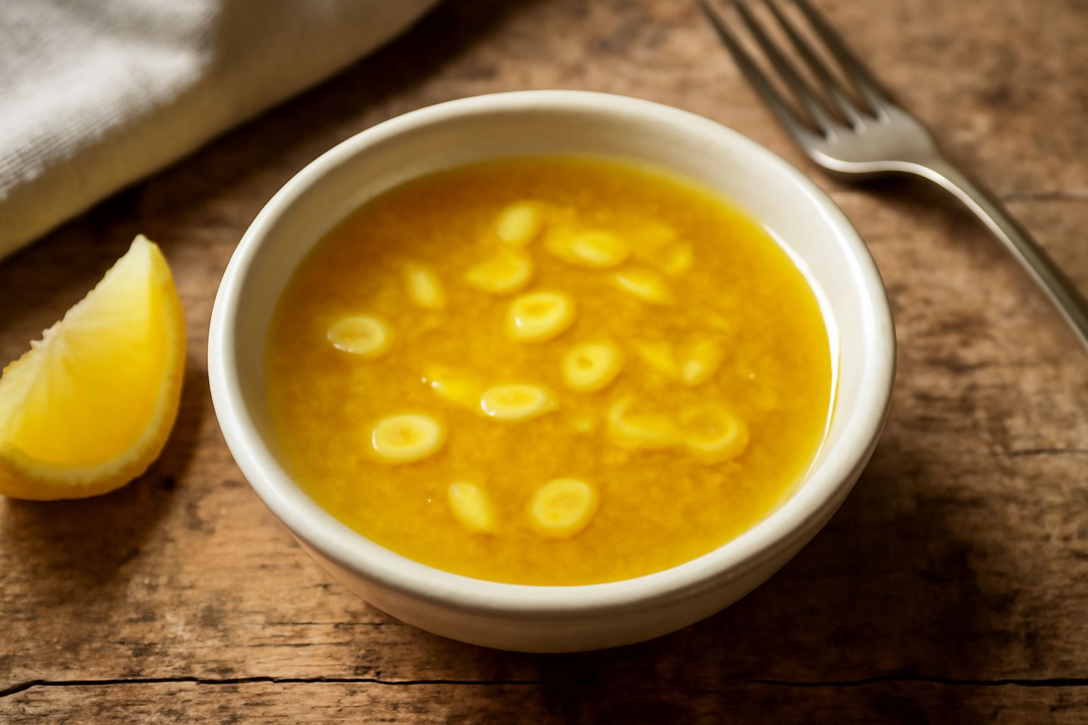 Bagnetto di limone e aglio in una ciotola bianca: olio giallo brillante con gocce di succo, fettine sottili di aglio fresco e scorza di limone grattugiata, accanto mezzo limone tagliato e spicchi d'ag
