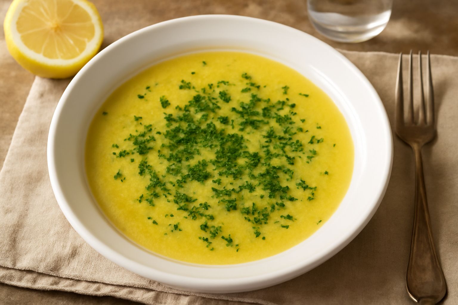 Ciotola di vetro con bagnetto giallo-trasparente di olio e limone, con gocce di olio in superficie, accanto a mezzo limone fresco tagliato e rametti di prezzemolo fresco
