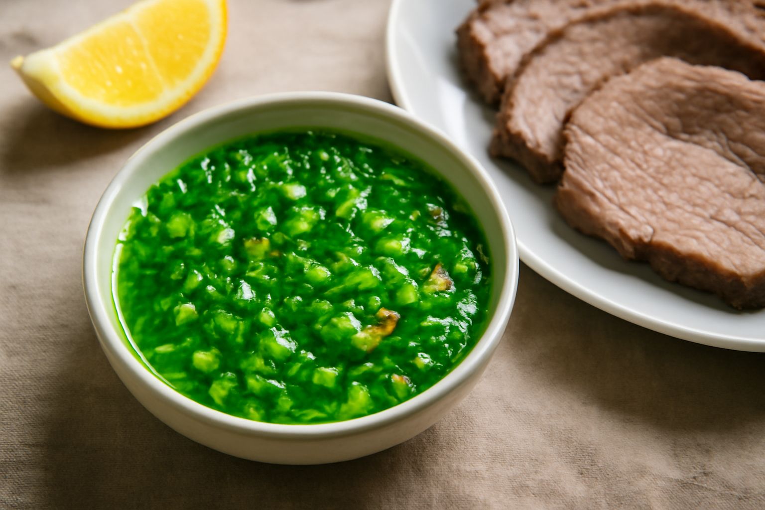 Bagnetto di prezzemolo e aglio in una ciotola bianca, salsa verde brillante con gocce di olio, servita accanto a fette di carne grigliata su un piatto di porcellana