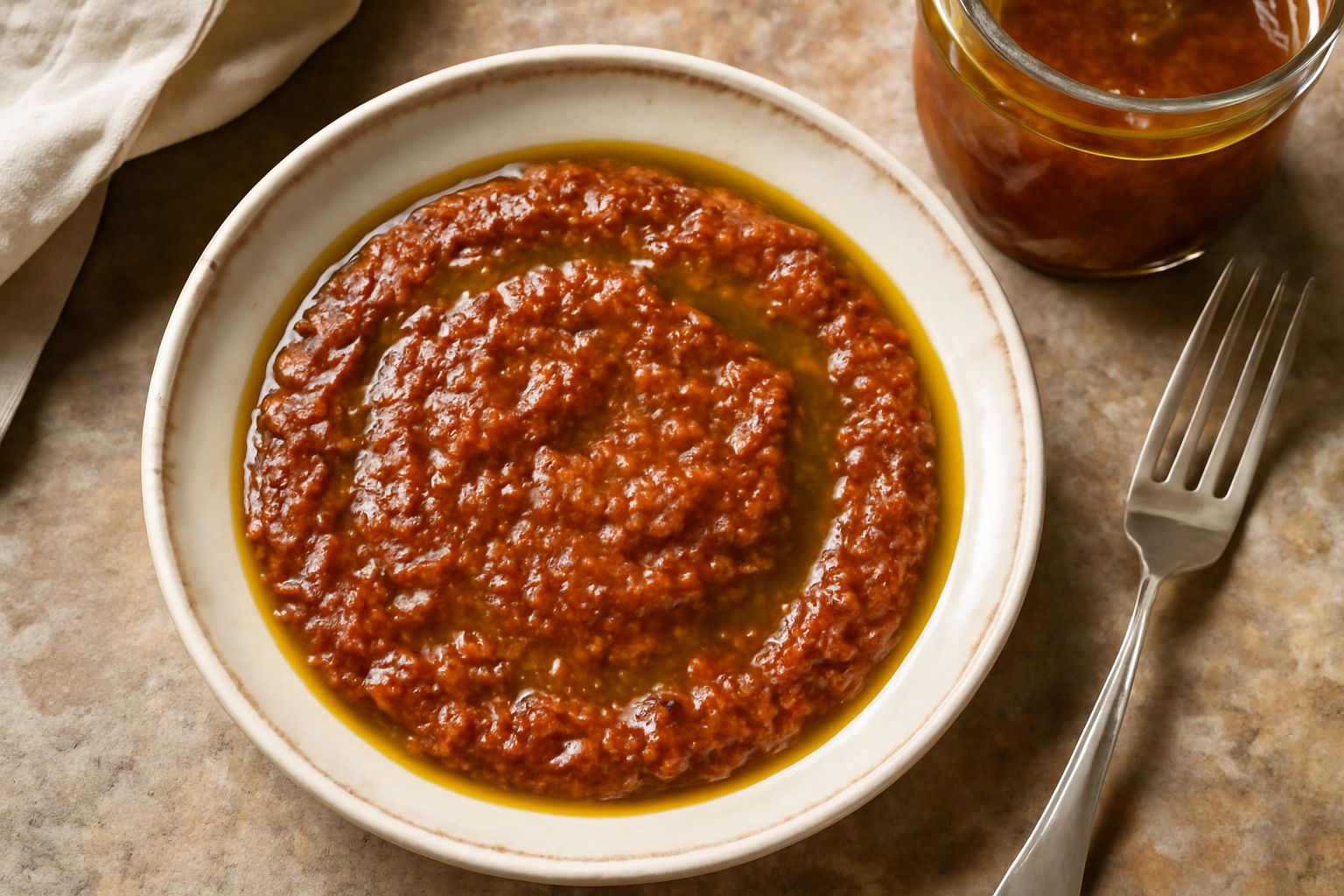 Bagnetto rosso scuro in un barattolo di vetro con spruzzata di olio, accanto pomodori freschi, acciughe e aglio su un piano di legno