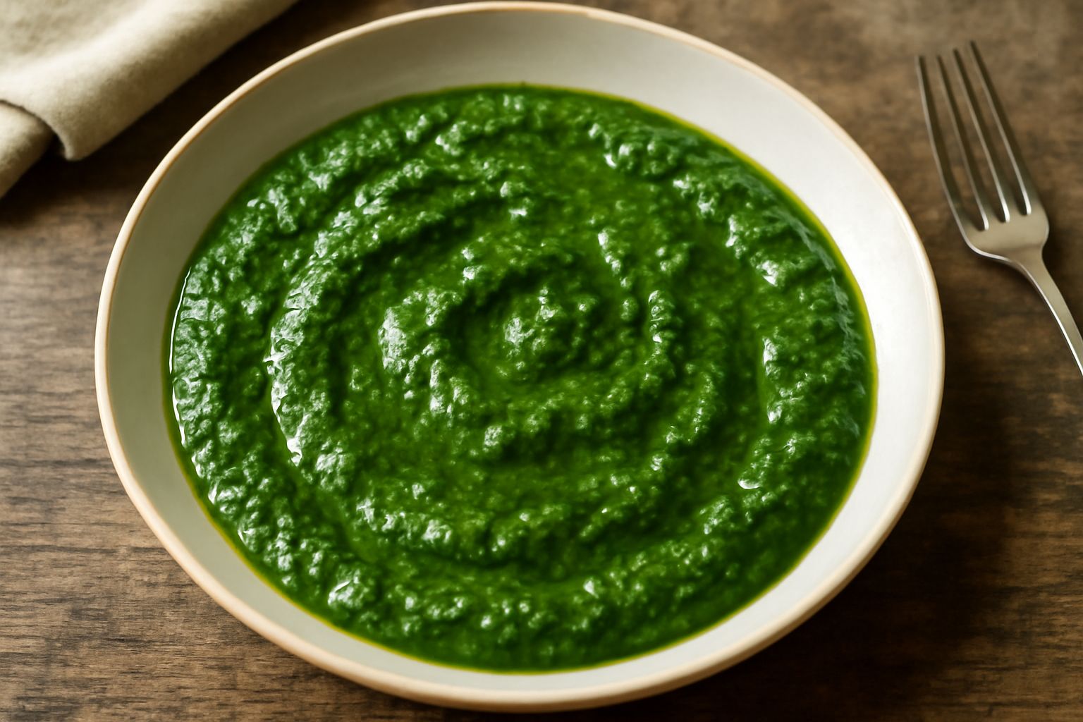 Bagnetto verde denso e cremoso in ciotola bianca, di colore verde intenso, con gocce di olio lucido in superficie e una foglia di prezzemolo fresco sulla spalla della ciotola