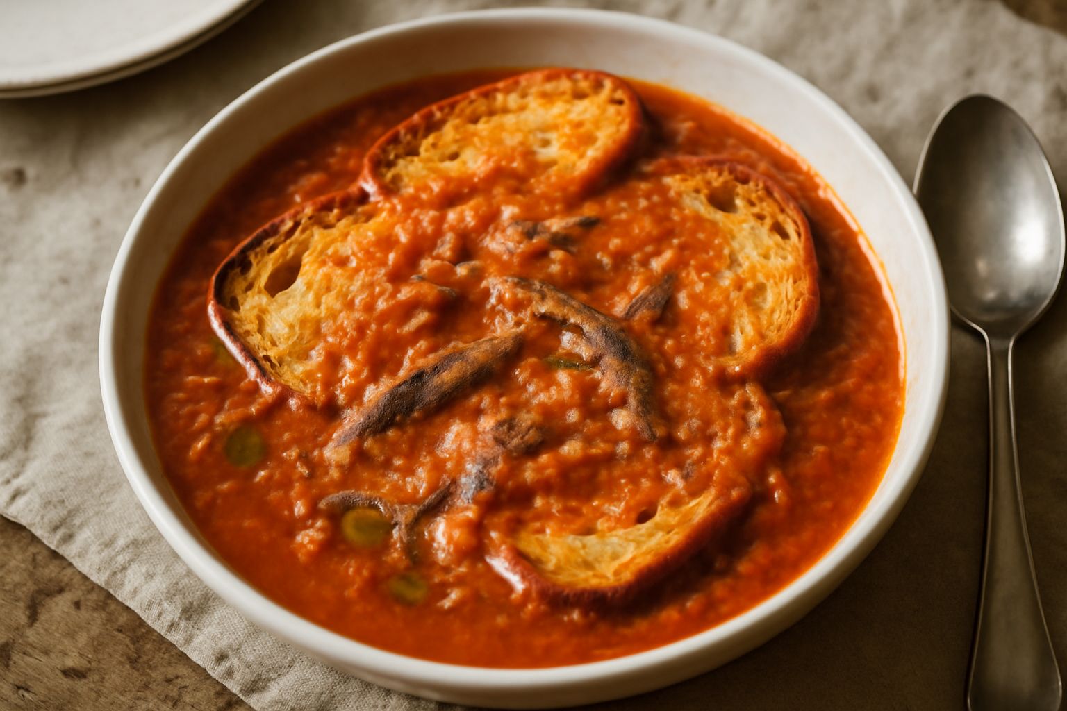 Ciotola di bagnun con brodo rosato denso, pezzi di pane tostato ammollato, fette di acciughe visibili in superficie, pomodori rossi schiacciati, olio d'oliva lucente, timo fresco