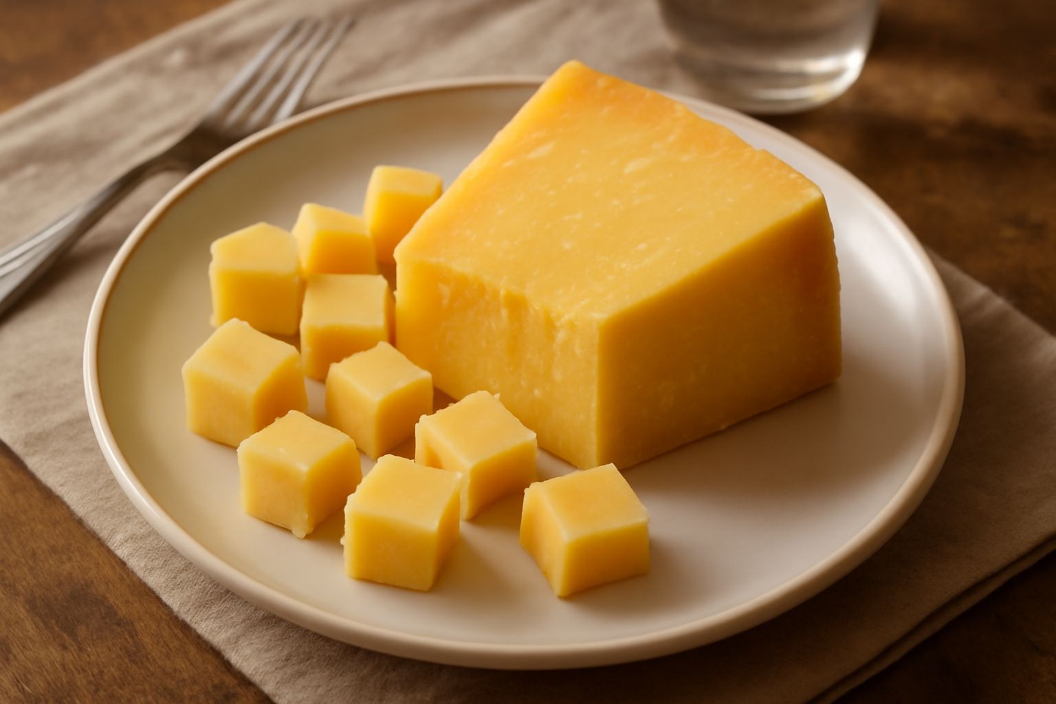 Fette di Bagòss formaggio a pasta dura, giallo paglierino, disposte su un tagliere di legno con acini d'uva rossa, miele e pane integrale tostato