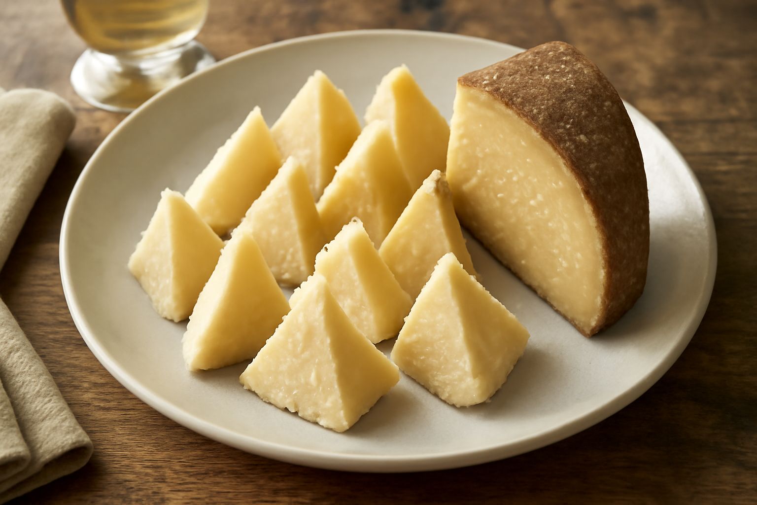 Formaggio Bagoss di Bagolino affettato a scaglie irregolari color bianco avorio, alcune spezzate, su un piatto di legno naturale con accanto nocciole e una bottiglia di vino rosso