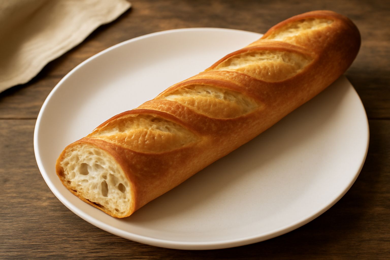 Tre baguette dorate e croccanti appoggiate su una tavola di legno, tagliate a fette per mostrare l'interno bianco e alveolato, con vapore ancora visibile