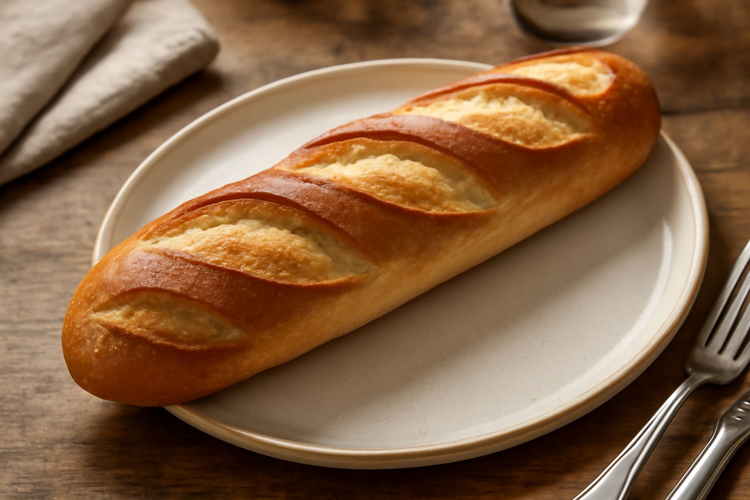 Baguette appena sfornata con crosta dorata e croccante, leggermente incisa, posata su una tavola di legno. La sezione interna mostra un miolo bianco e poroso.