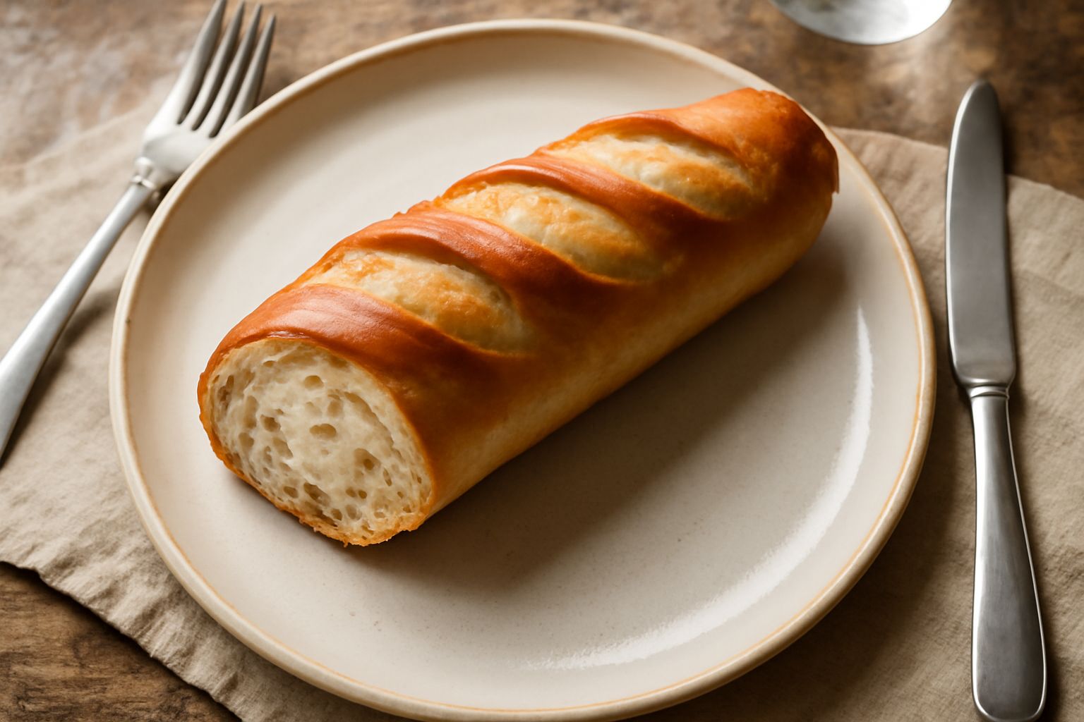Baguette siciliana appena sfornata, crosta dorata e croccante, tagliata a fette su un tavolo di legno con briciole di pane intorno