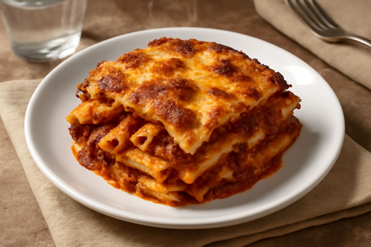 Pirofila di ceramica con pasta al forno dorata in superficie, ragù rosso scuro visibile tra le penne, besciamella cremosa, gratinatura di formaggio croccante ai bordi, fumante appena uscita dal forno