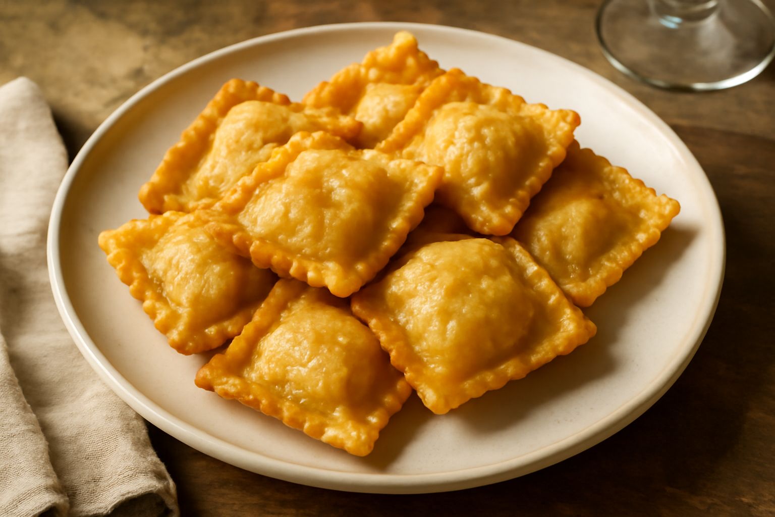 Balanzoni dorati e croccanti appena fritti, ancora caldi su carta assorbente bianca, con una leggera patina di olio e pepe nero visibile sulla superficie