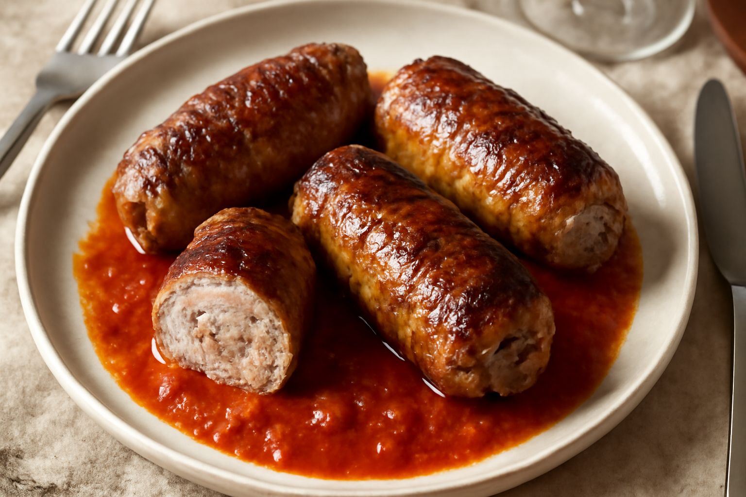 Tre ballottine di carne cotte disposte in piatto bianco con fondo di sugo rosso denso, guarnite con prezzemolo fresco e accompagnate da purè di patate cremoso