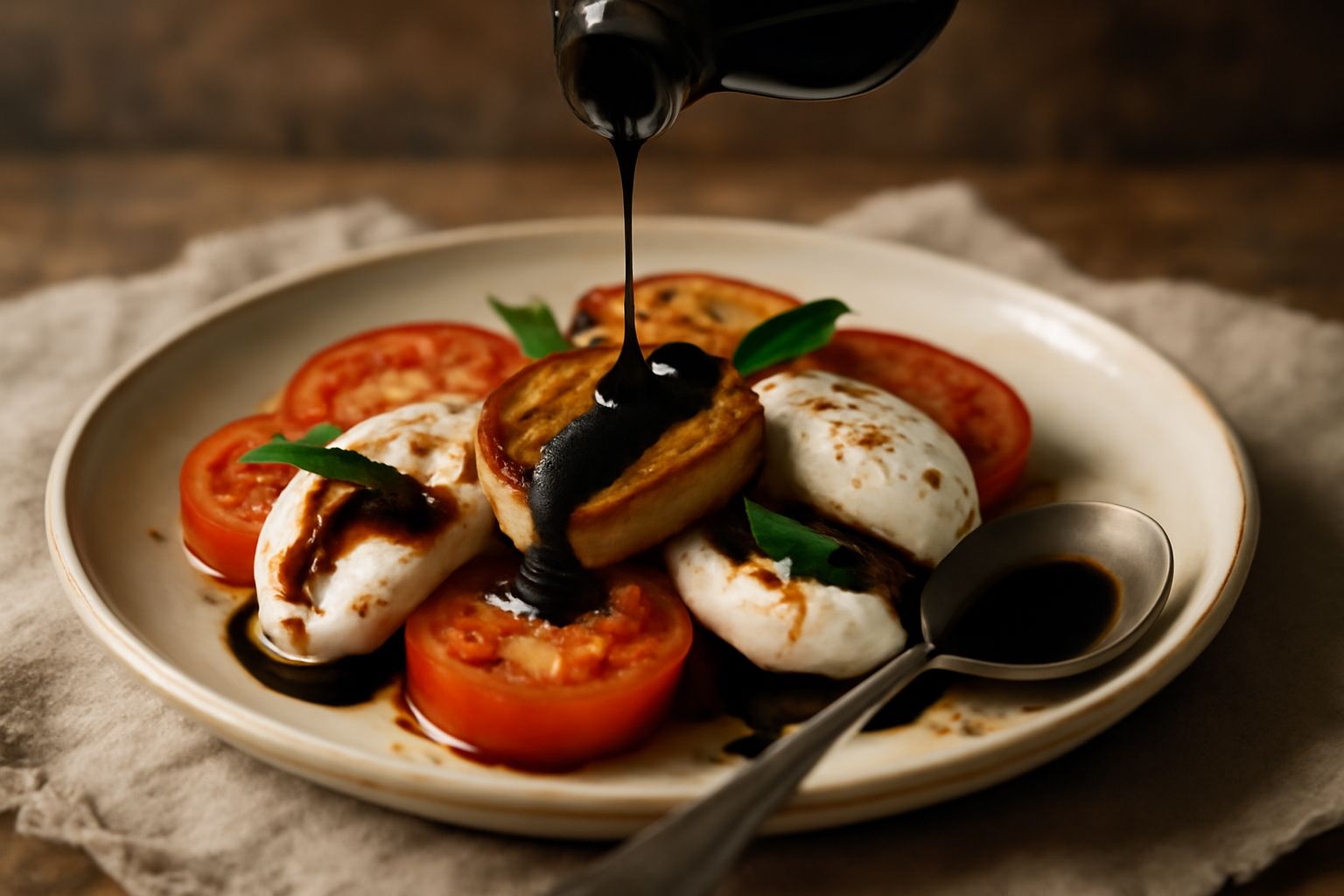 Un cucchiaio di legno tiene una goccia di balsamico di Modena scuro e denso, lucido e vischioso, su sfondo bianco con bottiglie scure sfocate sullo sfondo
