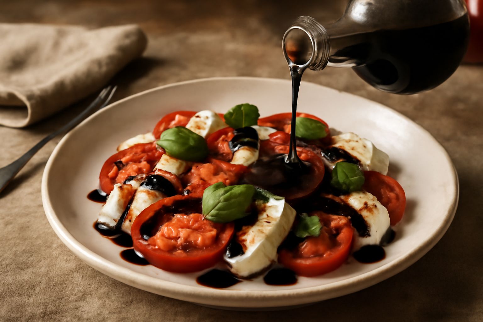 Balsamico di Modena scuro e denso versato da una bottiglia in piccolo globo di vetro trasparente, con sfondo sfumato grigio e alcune gocce sul piano di appoggio