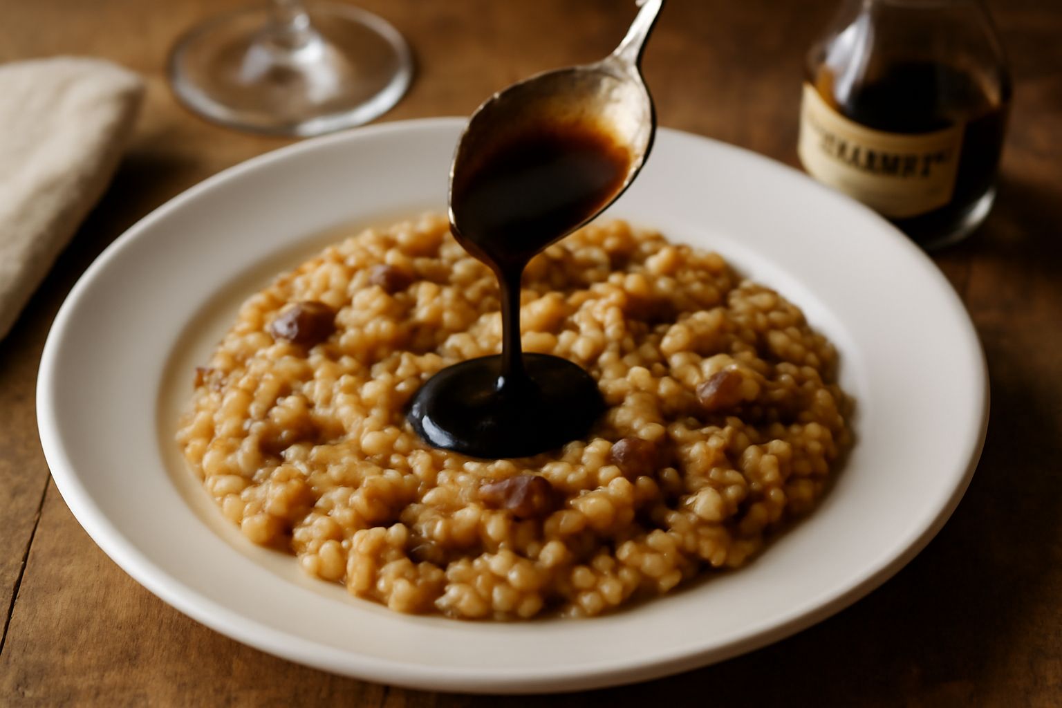Balsamico di Reggio Emilia in bottiglia scura, con etichetta di certificazione, e un cucchiaio di legno che contiene il liquido denso e nero, riflessi marrone mogano al controluce