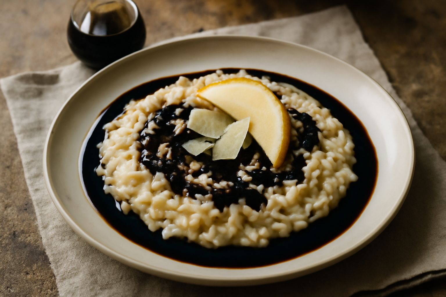 Balsamico tradizionale di Modena versato da una bottiglia in ceramica decorata su un piatto bianco con gocce scure e lucide, accanto a una pera e parmigiano reggiano grattugiato