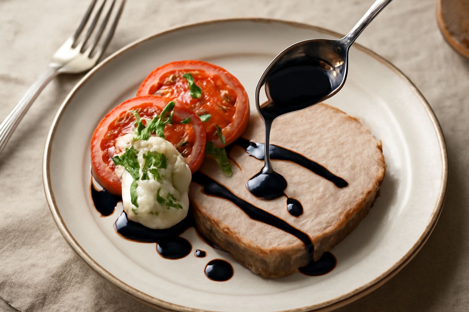 Balsamico tradizionale di Reggio Emilia in una piccola bottiglia di vetro scuro, dal colore nero brillante e denso, con una goccia che scende lentamente dal cucchiaio. Sullo sfondo tavolo di legno nat