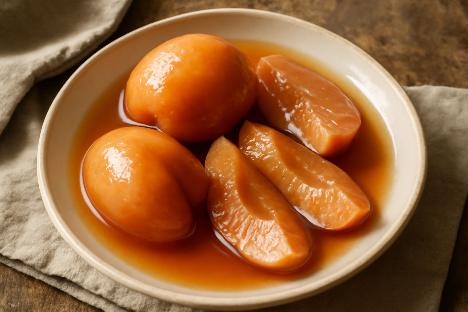 Tre barattoli di vetro trasparente con mele cotogne intere caramellate color ambra dorato, sciroppo limpido, etichetta vintage, disposti su una mensola di cucina in legno chiaro con luce naturale