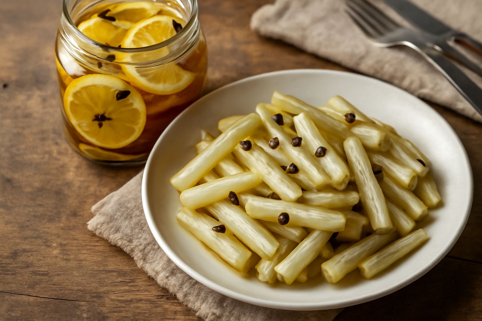 Barba di becco fresca in conserva, spicchi bianchi e verdi in vaso di vetro con aceto e spezie, sfondo cucina bianca con contenitori in vetro