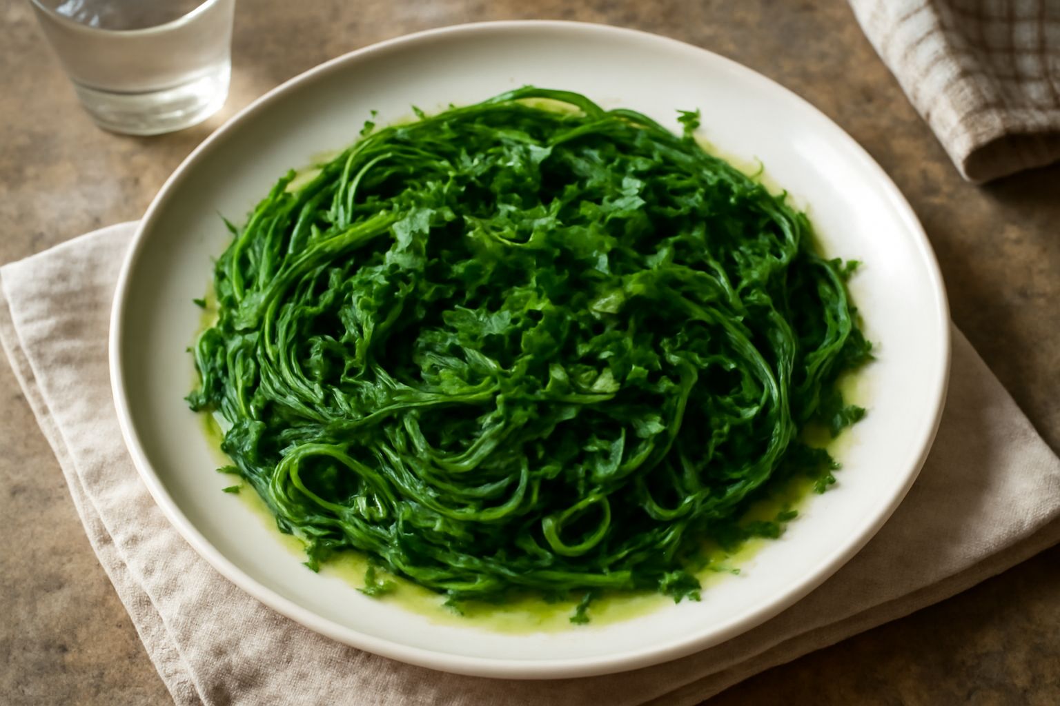 Barba di becco trifolata servita in un piatto bianco, con verdure dal colore verde scuro tenero, aglio e prezzemolo fresco sparso in superficie, lucida di olio extravergine