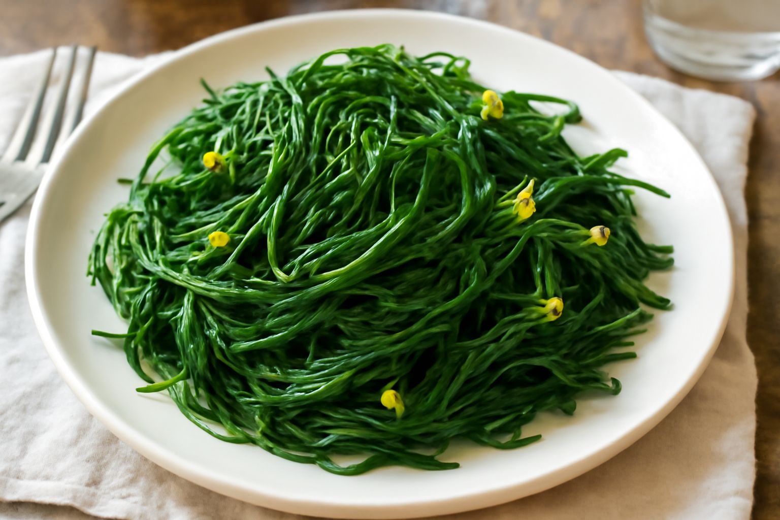 Barba di frate saltata in padella con spicchi d aglio e peperoncino, germogli verdi e teneri nel piatto bianco, guarnita con gocce d olio d oliva