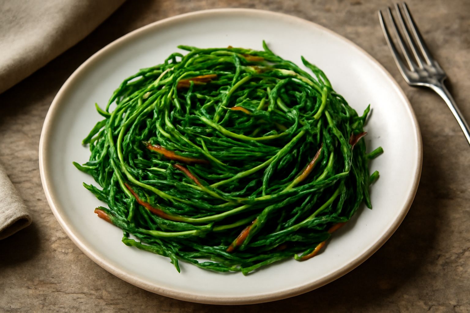Piatto di barba di frate ripassata dorata e croccante, con fili verdi brillanti saltati in padella, condita con gocce di olio, aglio crudo visibile e pepe nero, su fondo di legno naturale