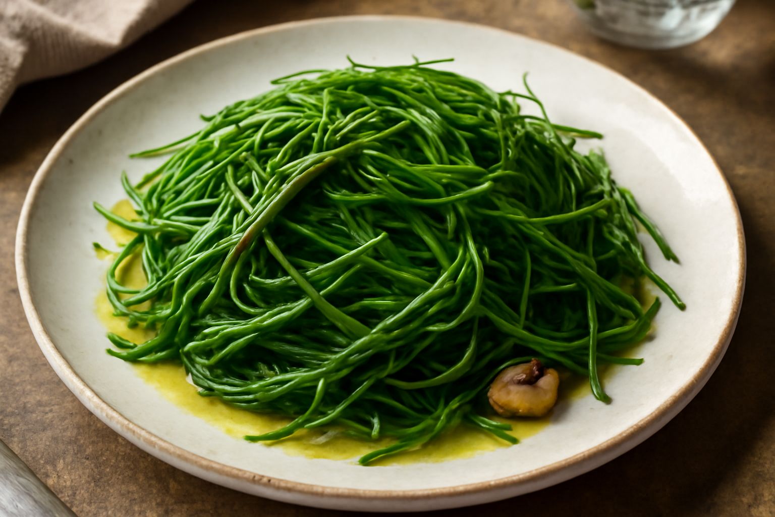 Barba di frate saltata in padella, germogli verdi con leggera doratura, aglio dorato e gocce di olio, servita in piatto bianco con limone fresco a lato