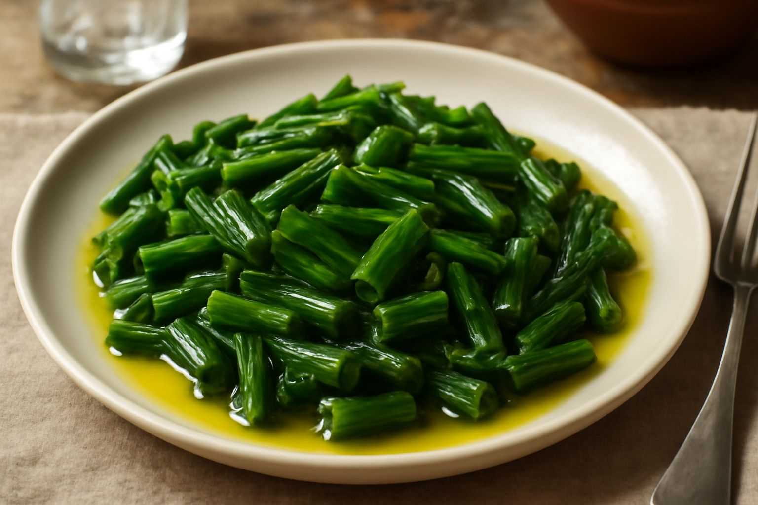 Barba di frate tagliata a pezzi in un vasetto di vetro con olio d'oliva trasparente, aceto e qualche grano di pepe nero visibile, su fondo bianco.