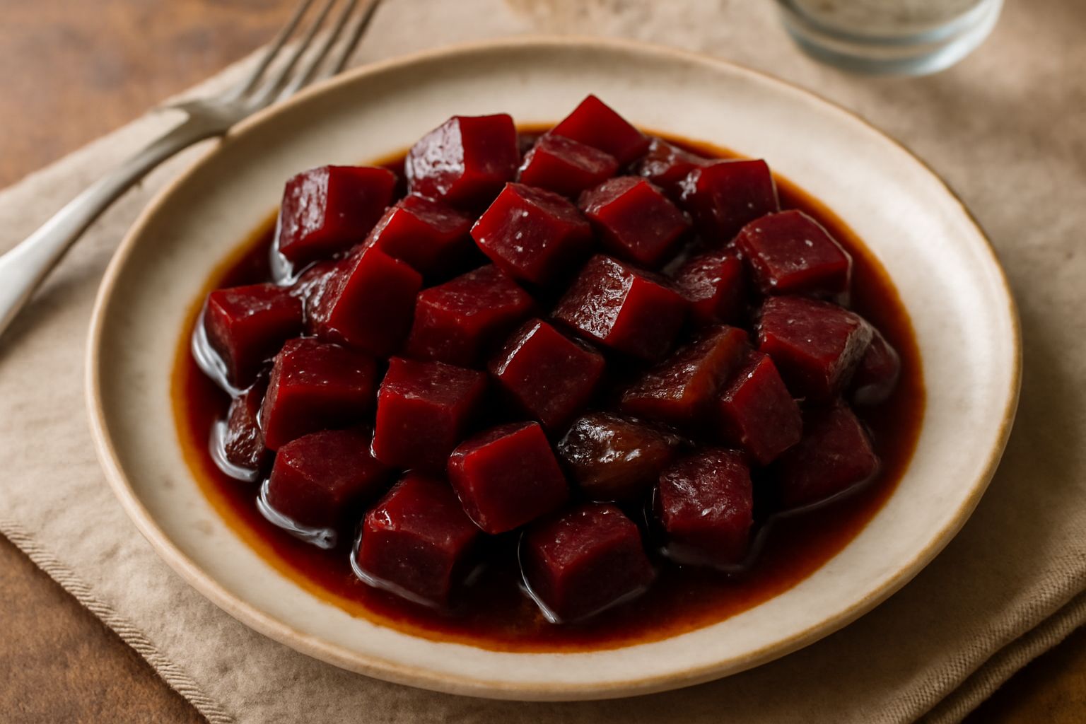 Barbabietole rosse tagliate a dadini e cotte in umido, servite in un piatto bianco, con una cipolla leggermente caramellata, salsa scura e brillante, contorno di prezzemolo fresco verde