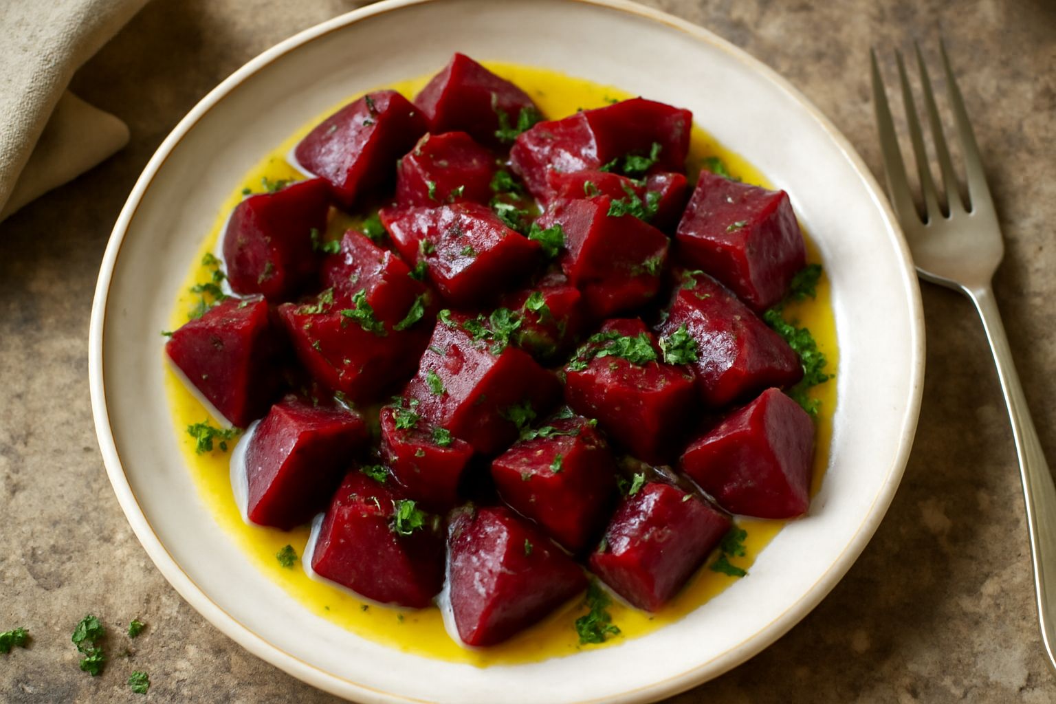 Barbabietola tagliata a dadini rosso scuro, rivestita di burro giallo cremoso, in un piatto bianco con bordo sottile, garnish di prezzemolo fresco tritato e cristalli di sale marino
