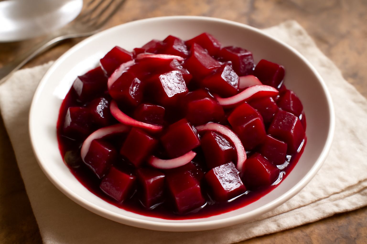 Barbabietole tagliate a cubetti rosso scuro lucido in una ciotola di ceramica bianca, con cipolle bianche sottili sparse e un filo di olio lucente in superficie, aceto color ambra visibile nella base.
