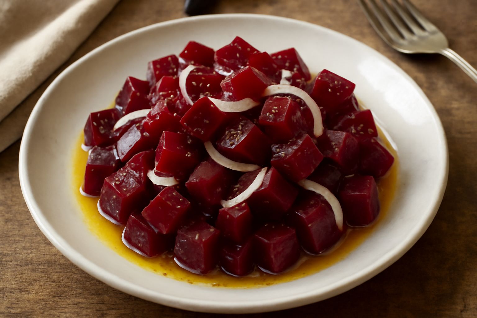 Barbabietole rosse tagliate a dadi su un piatto bianco, condite con olio e cipolla trasparente, con foglie di prezzemolo fresco, contrastando il rosso vivido della verdura cotta