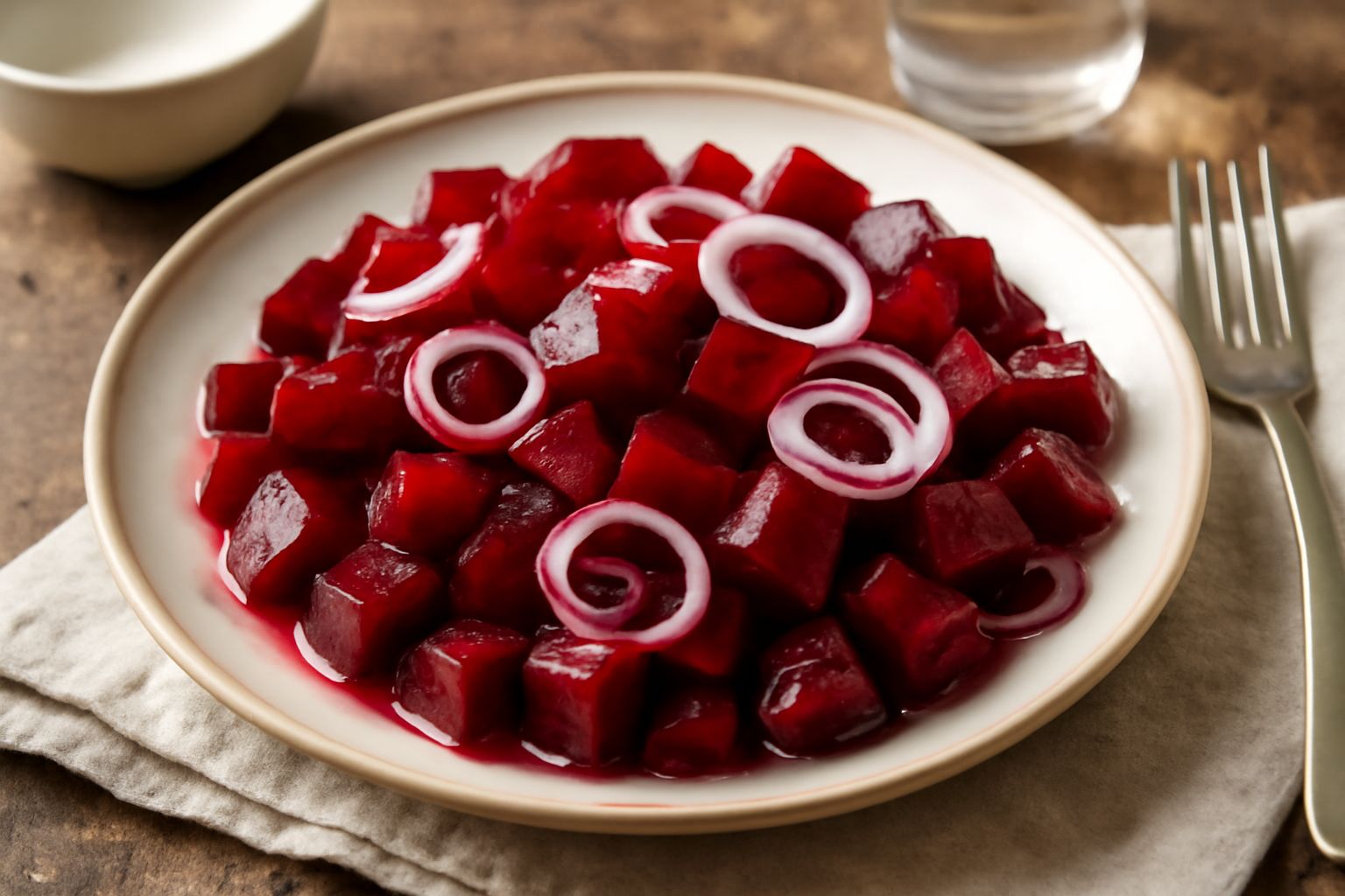 Barbabietole rosse tagliate a dadini in una ciotola bianca, condite con aceto e cipolla rossa sottile, su un tavolo di legno chiaro con un cucchiaio di metallo accanto